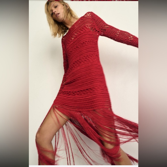 Zara fringed crochet knit dress limited edition